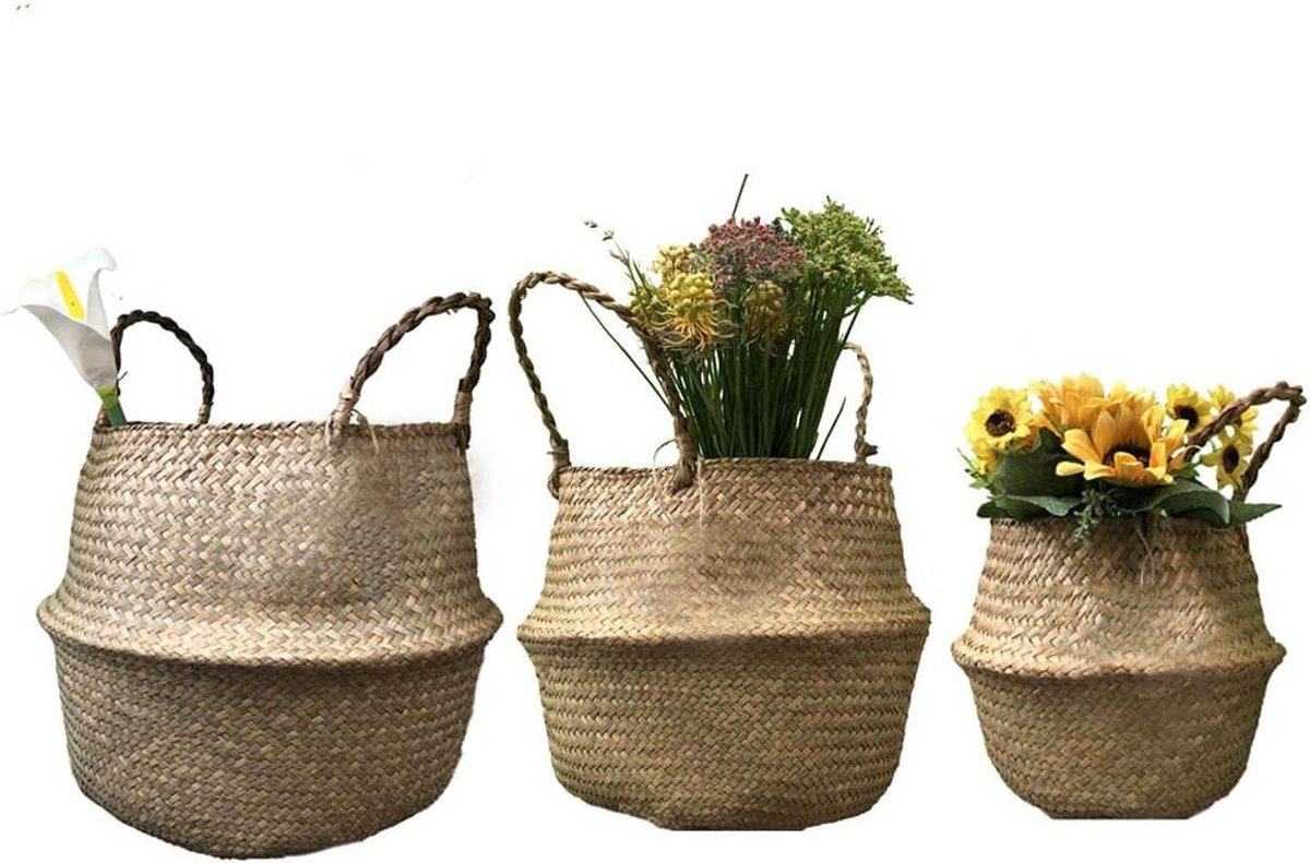 Geweven zeegras mand set van 3 natuurlijke wasmanden met handvat - 27 x 24 cm / 32 x 28 cm