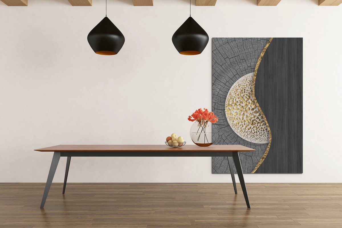Trendex Global Canvas Schilderij Abstract - Grijs - Goud - Schilderij print op canvas - Modern - 90x60x2 cm