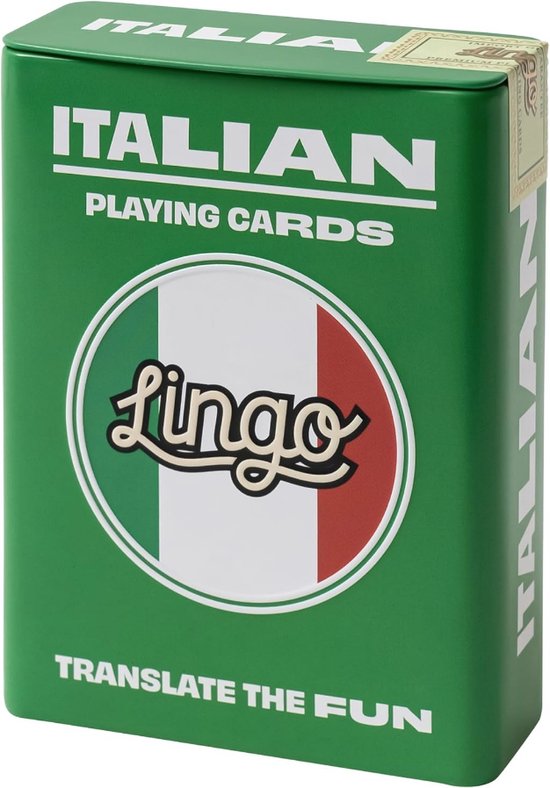 Foto: Lingo italiaans speelkaarten in blikken doos speelkaarten taal leren spel set leuk visueel flashcard deck om de woordenschat en uitspraak vaardigheden te verhogen 52 essenti le vertalingen talen leren reizen spel 6 71x1 8x8 99cm 181g