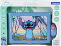 Blauwe Lexibook laptop met Stitch, in verpakking, met muis en activiteitensymbolen.