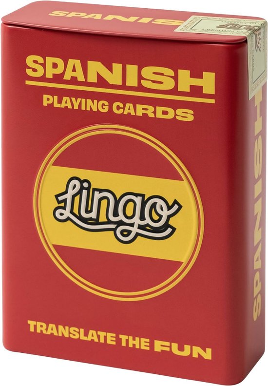 Foto: Lingo spaanse speelkaarten in blikken doos speelkaarten taal leren spel set leuk visueel flashcard deck om de woordenschat en uitspraak vaardigheden te verhogen 52 essenti le vertalingen talen leren reizen spel 6 71x1 8x8 99cm 181g