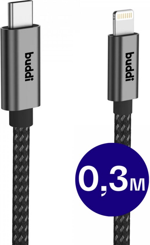 Buddi Flex | USB-C naar Lightning Kabel 20W Fast Charge | Power Delivery | 480Mbps Dataoverdracht | Gevlochten Nylon | 0,3M | Korte kabel | Zwart