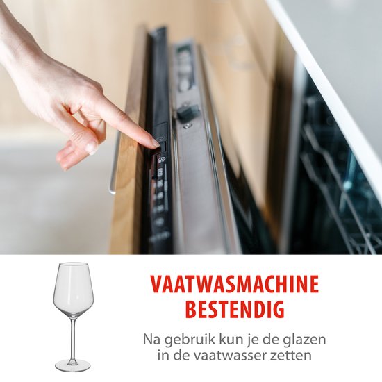 Une main appuie sur le bouton d'un lave-vaisselle. Un verre à vin transparent est à côté.