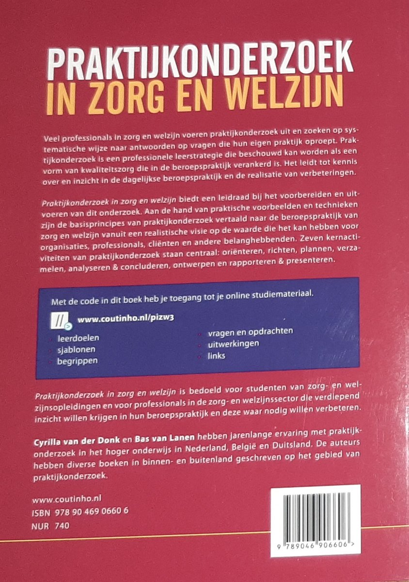 Boekomslag met titel 'Praktijkonderzoek in zorg en welzijn' in grote letters, inclusief website en inhoudsopgave.