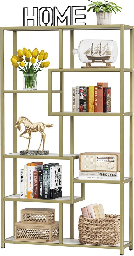 Bibliothèque TRIBESIGNS - Étagère à livres - Moderne - 8 niveaux - Bois/Métal - 100 x 30 x 180 cm - Or Wit