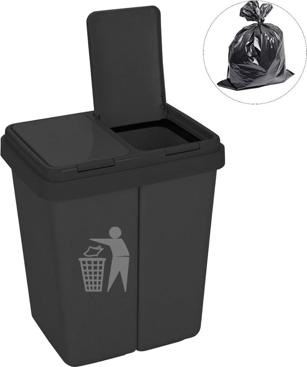 Goedkoopste Luxe Prullenbak Afvalscheiding - Prullenbak 25 Liter - Duo Prullenbak 2 Vakken - Zwart