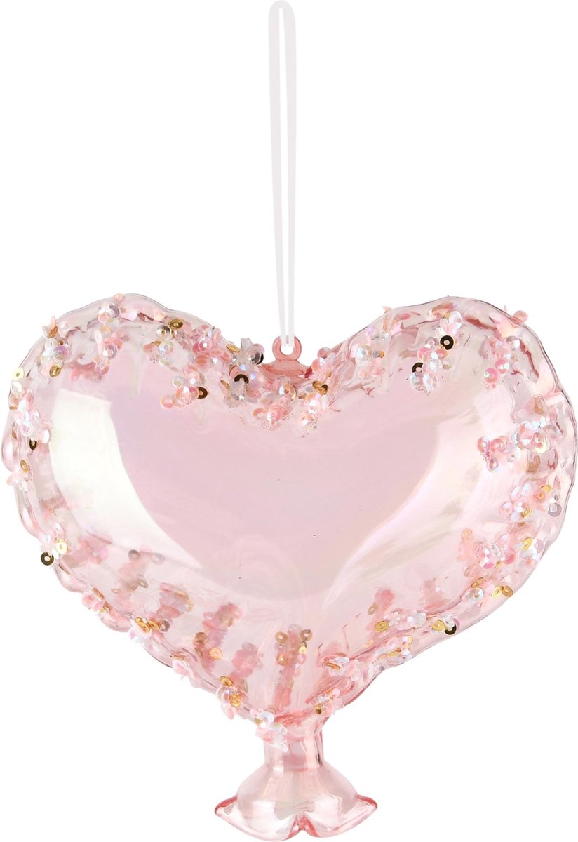 Dekoratief | Hanger ballon hartje, roze/transparant, glas, 12x7x11cm | A245576