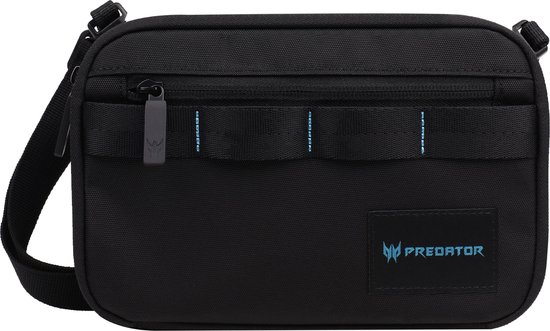 Zwarte tas met een band, twee vakken aan de voorkant en een blauw Predator logo.