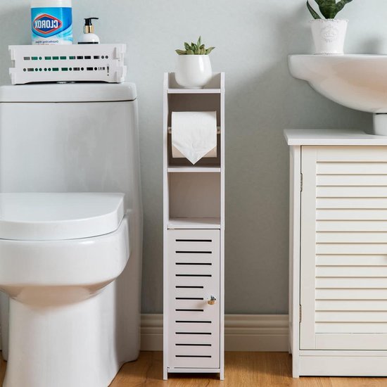 AOJEZOR Toiletpapierhouder Met Kast - Vrijstaand 2-in-1 Met Borstelhouder, Smal Badkamermeubel Wit PVC