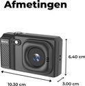 Donkergrijze Denver compactcamera met afmetingen 10.30 cm breed, 6.40 cm hoog en 3.00 cm diep.