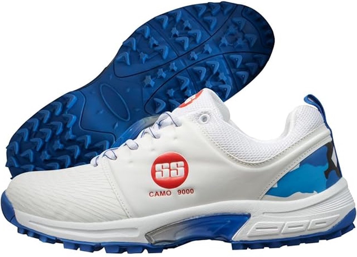 SS Camo 9000 Cricketschoen (Kleur: Wit & Blauw, Maat: UK9/ US10/ EU43) | Voor Heren & Jongens | Materiaal: Materiaal: Polyurethaan (PU) | lichtgewicht | Verbeterde stabiliteit in het spel
