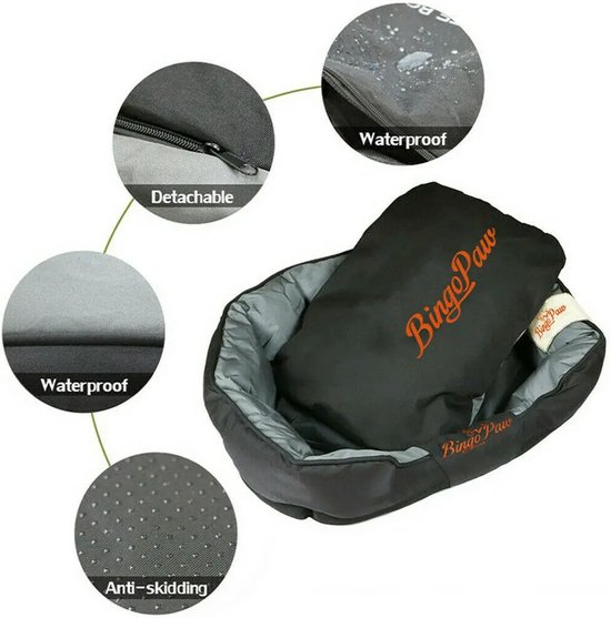 Lit pour chien noir et gris avec logo 'BingoPaw'. Les détails montrent imperméable, amovible et antidérapant.