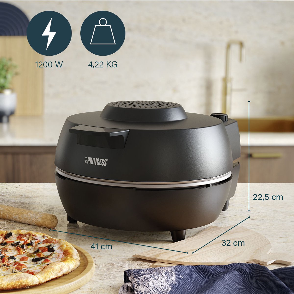 Four à Pizza Pro Max, 15L, 400°C, 2100W, Commandes Tactiles, Pierre et Pelle Incluses, Chaleur
