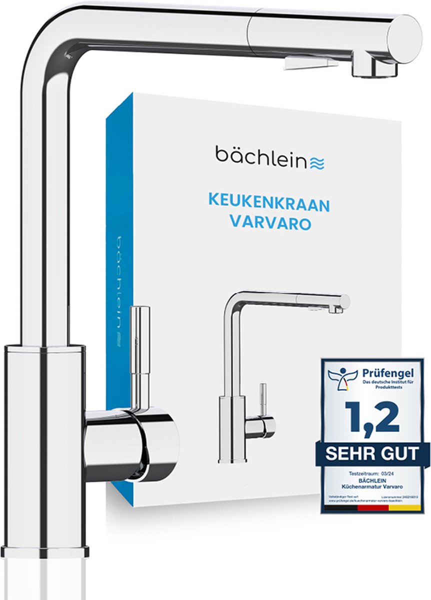 Bächlein Keukenkraan Varvaro 360 graden draaibaar (chroom) - Eenhendel keukenkraan van roestvrij staal met uittrekbare slang en sproeier met schakelaar, kraan voor de keuken