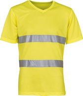 Geel T-shirt met V-hals en twee reflecterende zilveren banden over de borst.