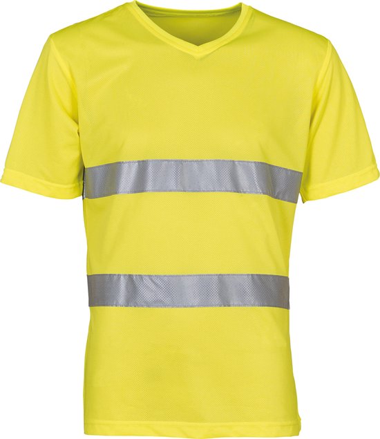 Geel T-shirt met V-hals en twee reflecterende zilveren banden over de borst.