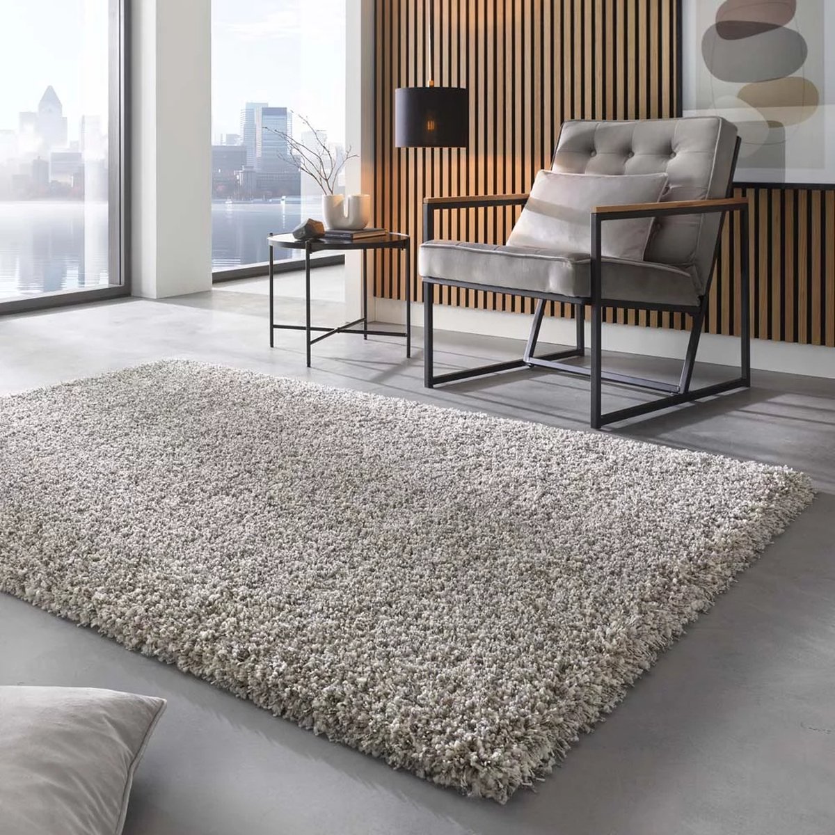 Rond hoogpolig vloerkleed - Shaggy Prime wit/zilver 120 cm