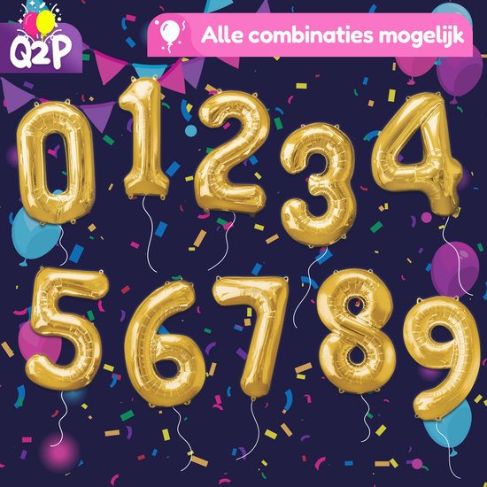 Gouden cijferballonnen van 0 tot 9 met confetti en ballonnen.