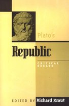 Boek 'Plato's Republic' met een portret van Plato en gele tekst.