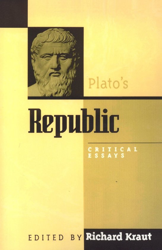 Boek 'Plato's Republic' met een portret van Plato en gele tekst.