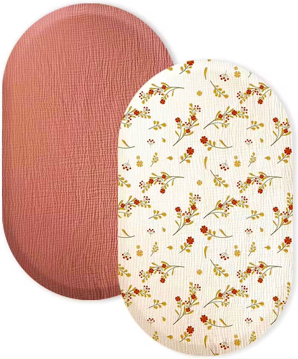 Image of 2 Stuks - Hydrofiele Baby Hoeslaken Wieg - Kinderwagen matras - 80x40 cm - Aardbeien roze en Crème Gele Bloemetjes - Aankleedkussenhoes