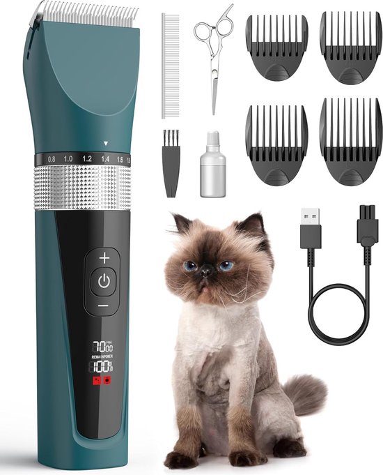 hondentondeuse Kattentondeuse voor gematteerd bont, 5-snelheden, stille draadloze kattenverzorgingtondeuse voor lang haar, IPX6 waterdichte tondeuse voor huisdieren, trimmer, scheerapparaat voor honden,