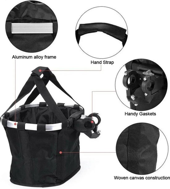 Panier de vélo noir avec cadre en aluminium, poignées, joints robustes et construction en toile tissée.