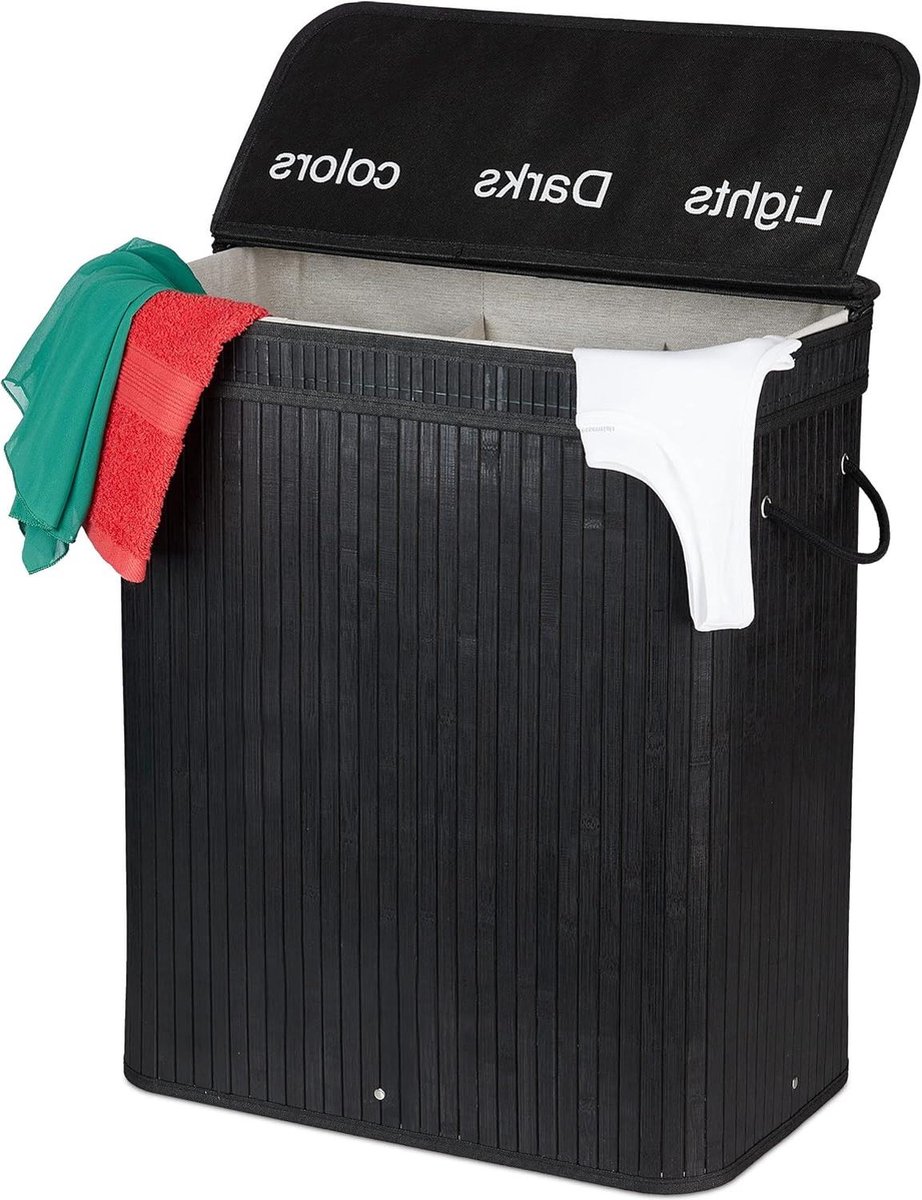 Goedkoopste Bamboe wasmand 3 vakken 30 L - deksel - handgrepen - zwart - HBD 63 x 55 x 35 cm wasmand 3 vakken