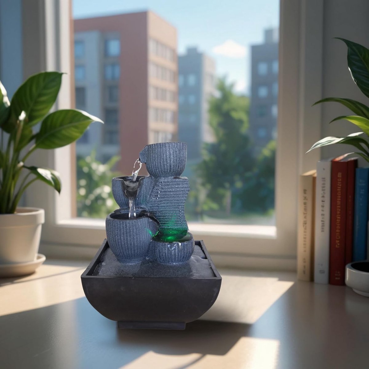 Kamerfontein Tabletop Fonteinwaterval, 4-lagen Waterfonteinen Binnen Met LED Licht, USB Desk Fontein Automatische Pomp Met Aan/Uit-schakelaar Desktop Fontein Binnenfontein (Color : C-Bronze