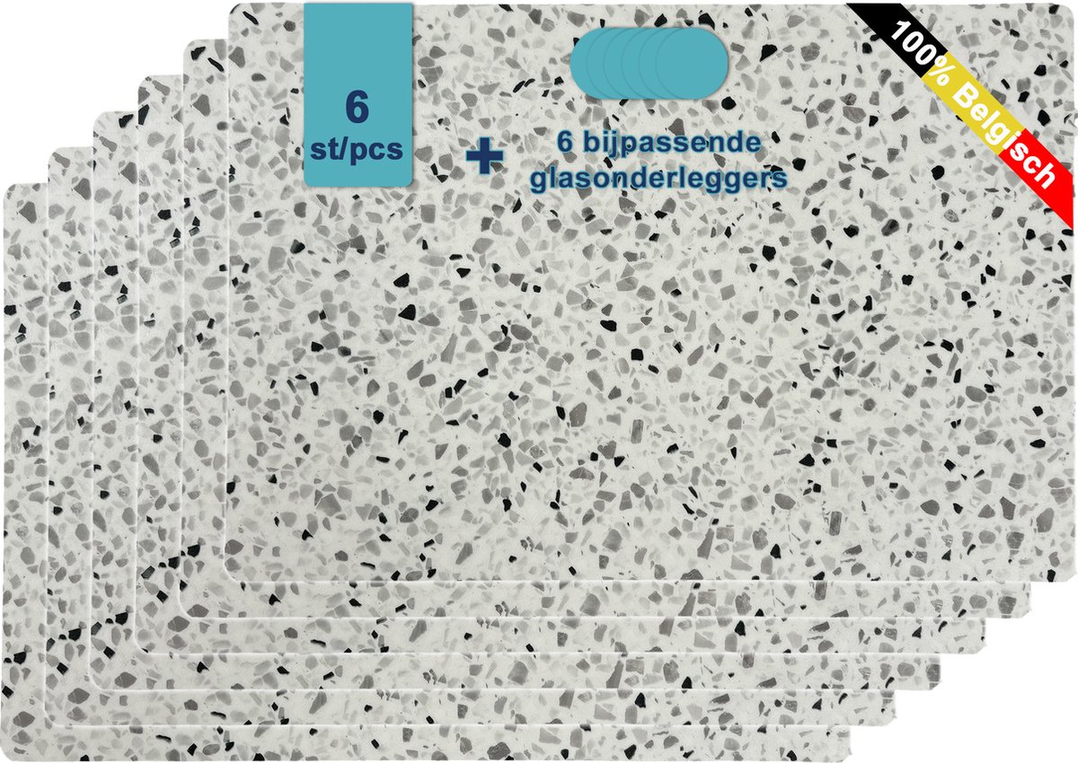 JYG Luxe Vinyl Placemats Wels 6 stuks - Belgische Kwaliteit, Afwasbaar, Terrazzo Dessin, 30x45cm, Extra Dik en Hittebestendig