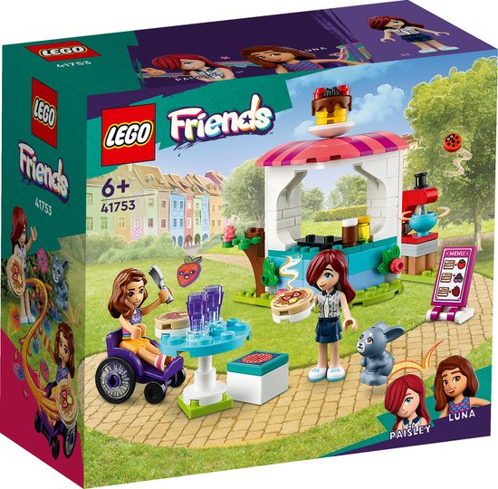 Boîte de jeu LEGO Friends Crêperie avec mini-poupées, stand, lapin et menu.