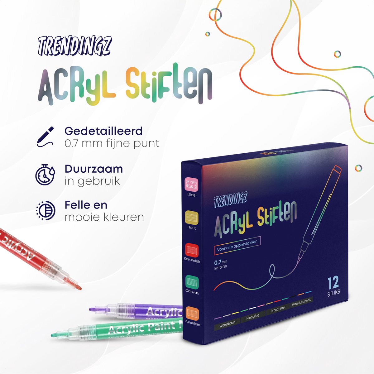 TrenDingz® Premium Acryl Verf Stiften - 12 Stuks Kleuren - Happy Stones Stenen Schilderen - 0,7 mm tip - Acrylverf Tekenset Acrylstiften - Kinderen & Volwassenen — afbeelding 7