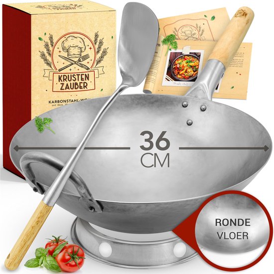 KRUSTENZAUBER Round Bottom Wok Pan Traditional Steel Pan with Spatula and Ring Suitable for Induction Wok Pan Accessories Carbon Steel 36 cm KRUSTENZAUBER Round Bottom Wok Pan Traditional Steel Pan with Spatula and Ring Suitable for Induction Wok Pan Accessories Carbon Steel 36 cm
