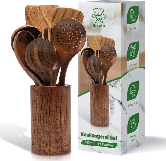 Foto: Bikolo keukengerei set 7 delig houder keukengerei set met houder kookgerei set hout houten spatel spatelpot lepelpot spatelset teakhout e book kookboek