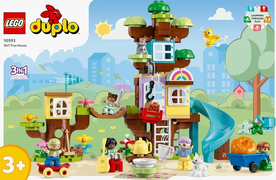 LEGO Duplo 10993 3-in-1 Boomhut set met diverse speelscenario's en figuren.