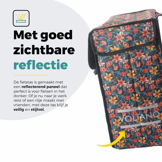 Voltano Dubbele Fietstas XXL - Floral Fiestas - Zwart Met Kleurrijke Bloemen - 60 Liter - Waterdicht - Universele bevestiging - Grote Fietstassen Elektrische Fietsen
