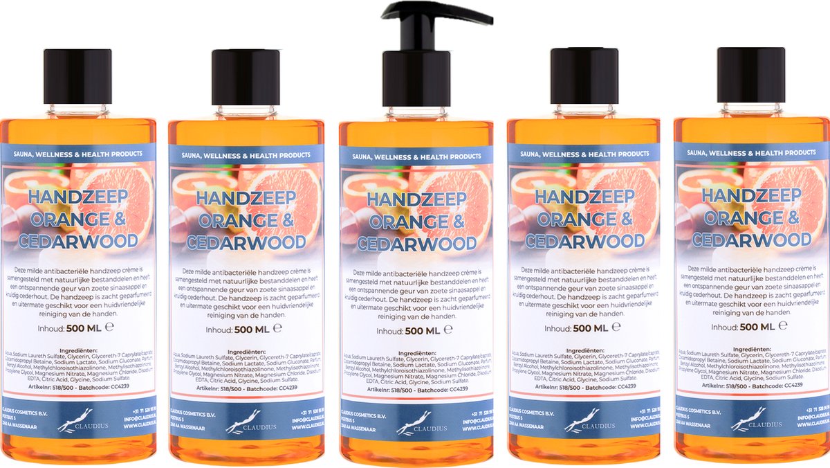 Goedkoopste Handzeep Sweet Orange & Cedarwood 500 ml - met gratis pompje - set van 5 stuks - Voordeelverpakking