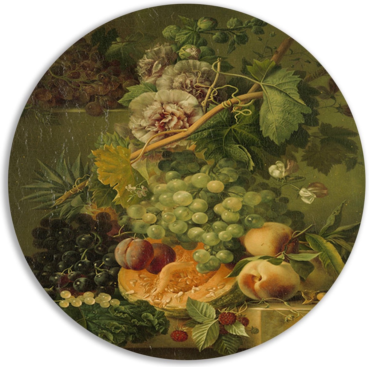 Stilleven van bloemen en vruchten - Albertus Jonas Brandt wandcirkels - Fruit muurcirkel - Wandcirkel Eten - Wanddecoratie kinderkamer - Wandschaal - Kunst aan de muur muurcirkel aluminium 40x40 cm