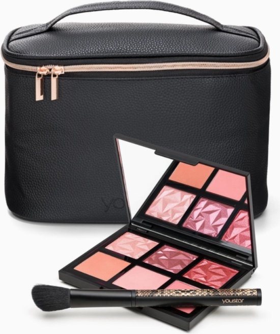 Beauty Make-up Tasje - Set van 2 producten en tas - wangen rouge - 6 kleuren - glitter en mat gezicht borstel - 2st