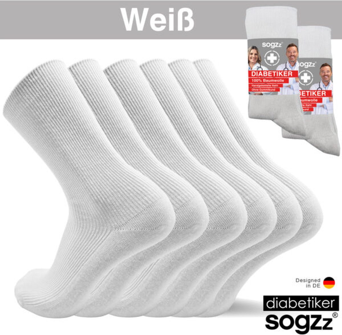 SOGZZ® 6 Paar Diabetis Sokken Wit Zonder Naad , Zonder Rubber 100% Katoen Unisex Maat 43-46