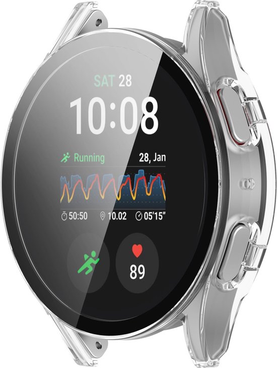 Transparant hoesje om een zilverkleurige smartwatch met een sporthorloge-display.