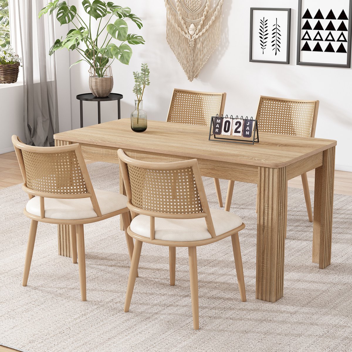 Sweiko Eetkamerstoel, 4-delige set, PU Zitdecoratie, Rotan Geweven Rugleuning, Retro natuurlijk, woonkamer, slaapkamer stoel, Beige(Tafel niet inbegrepen)