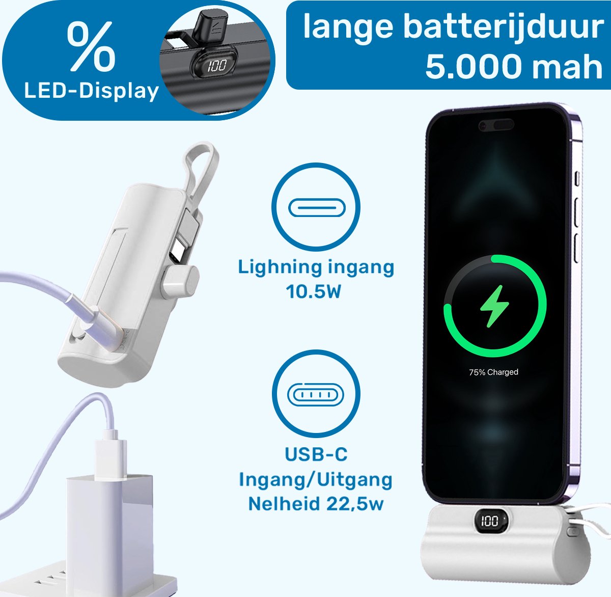 ISHIVA® Mini Powerbank 5000 mAh Draadloos Wit - afbeelding 3