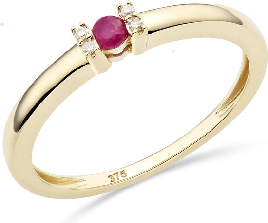 Miore - Ring Dames met Natuurlijke Rode Robijn en Diamanten - 9 Karaat - Kleur Geelgoud
