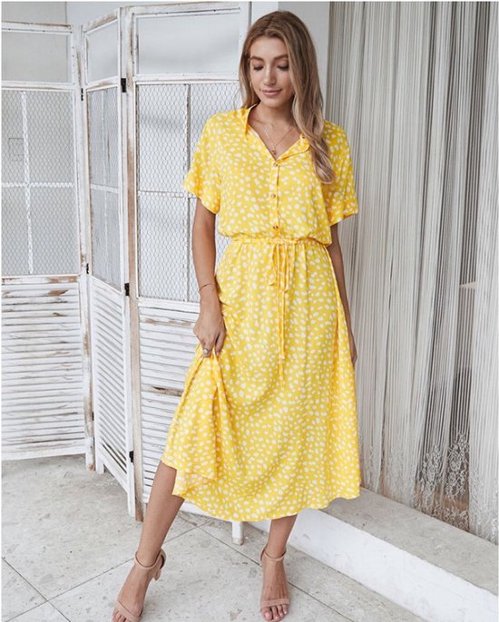 Zomerjurk voor dames midi jurk met korte mouwen V hals en stippenprint bol