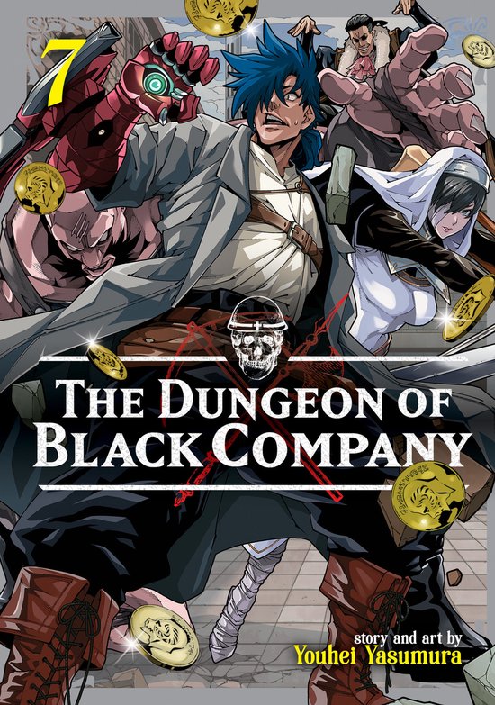 Manga cover van The Dungeon of Black Company deel 7 met karakters en gouden munten tegen een dynamische achtergrond.