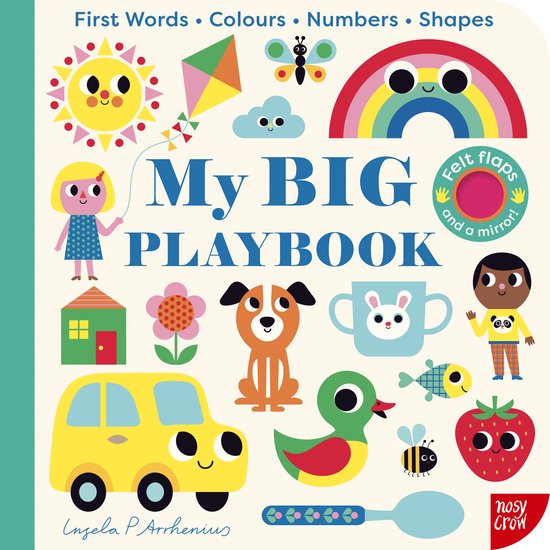 Livre intitulé 'My BIG PLAYBOOK' en grosses lettres bleues, entouré d'illustrations colorées d'un soleil, cerf-volant, arc-en-ciel, voiture, canard, abeille, fraise et enfants. 'First Words • Colours • Numbers • Shapes' est au-dessus du titre.