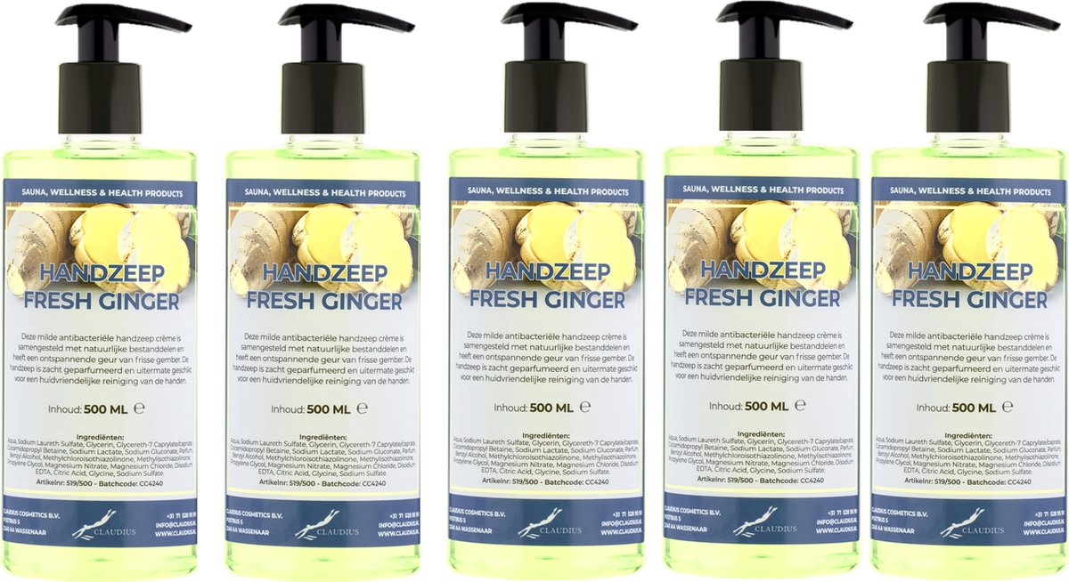 Goedkoopste Handzeep Fresh Ginger 500 ml - met gratis pompje - set van 5 stuks - Voordeelverpakking