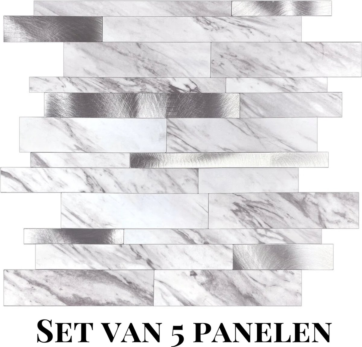 Wallways Wandpanelen - Plaktegels - Set van 5 Tegels - Tegelsticker - Zelfklevende Tegels - 4MM dik - Aluminium toplaag - Waterdicht - Krasbestendig - Hittebestendig - 3M Kleeflaag - Mozaiek Strips Marmer Wit