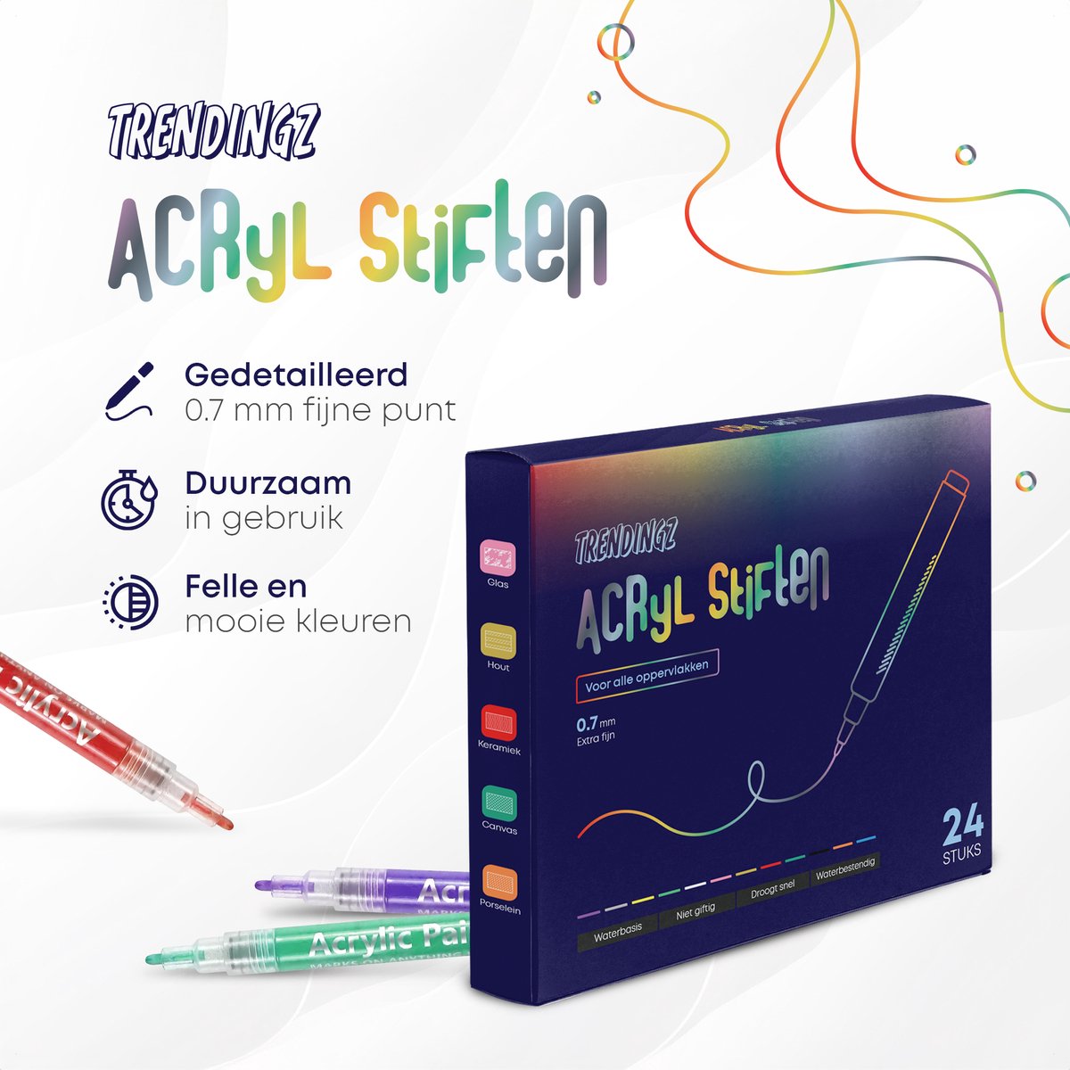 TrenDingz® Premium Acryl Verf Stiften - 24 Stuks Kleuren - Happy Stones Stenen Schilderen - 0,7 mm tip - Acrylverf Tekenset Acrylstiften - Kinderen & Volwassenen — afbeelding 2